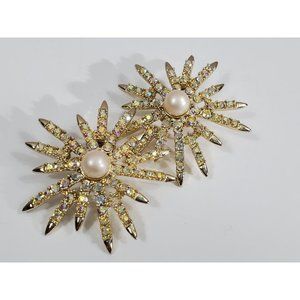Vintage Emmons Signed Gold-tone Pearl Crystal Sweater Clips Aurora Borealis